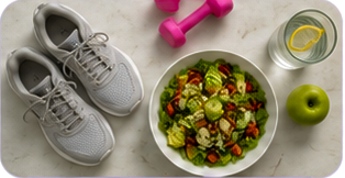 Running shoes, a fresh salad and a dumbbell