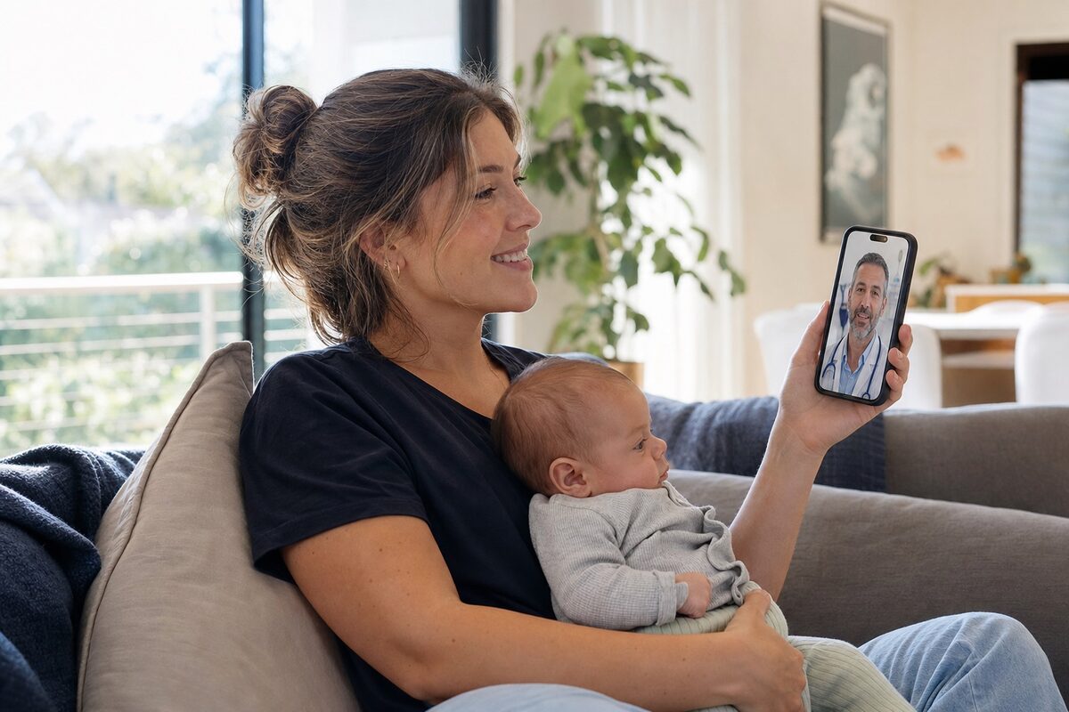Mother holding her baby during a video consultation with a GP